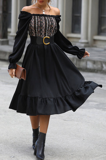 Black A Line Off the Shoulder Long Sleeves Casual Dress with Belt